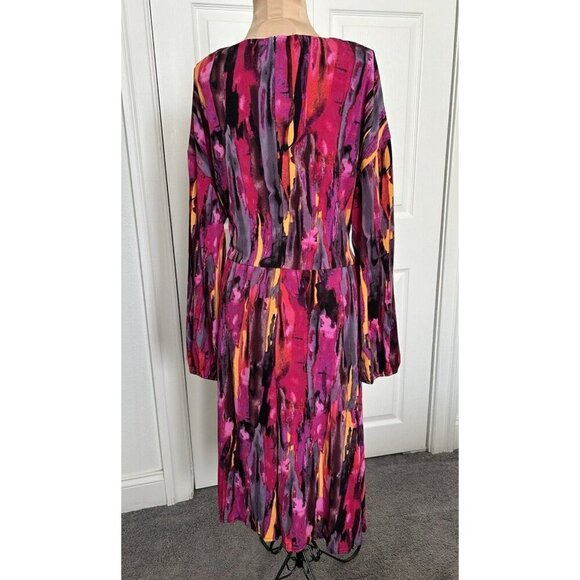 London Times Twisted Front 3/4 Sleeve A-Line Dress Berry Multi Print Size 16 - Picture 9 of 16